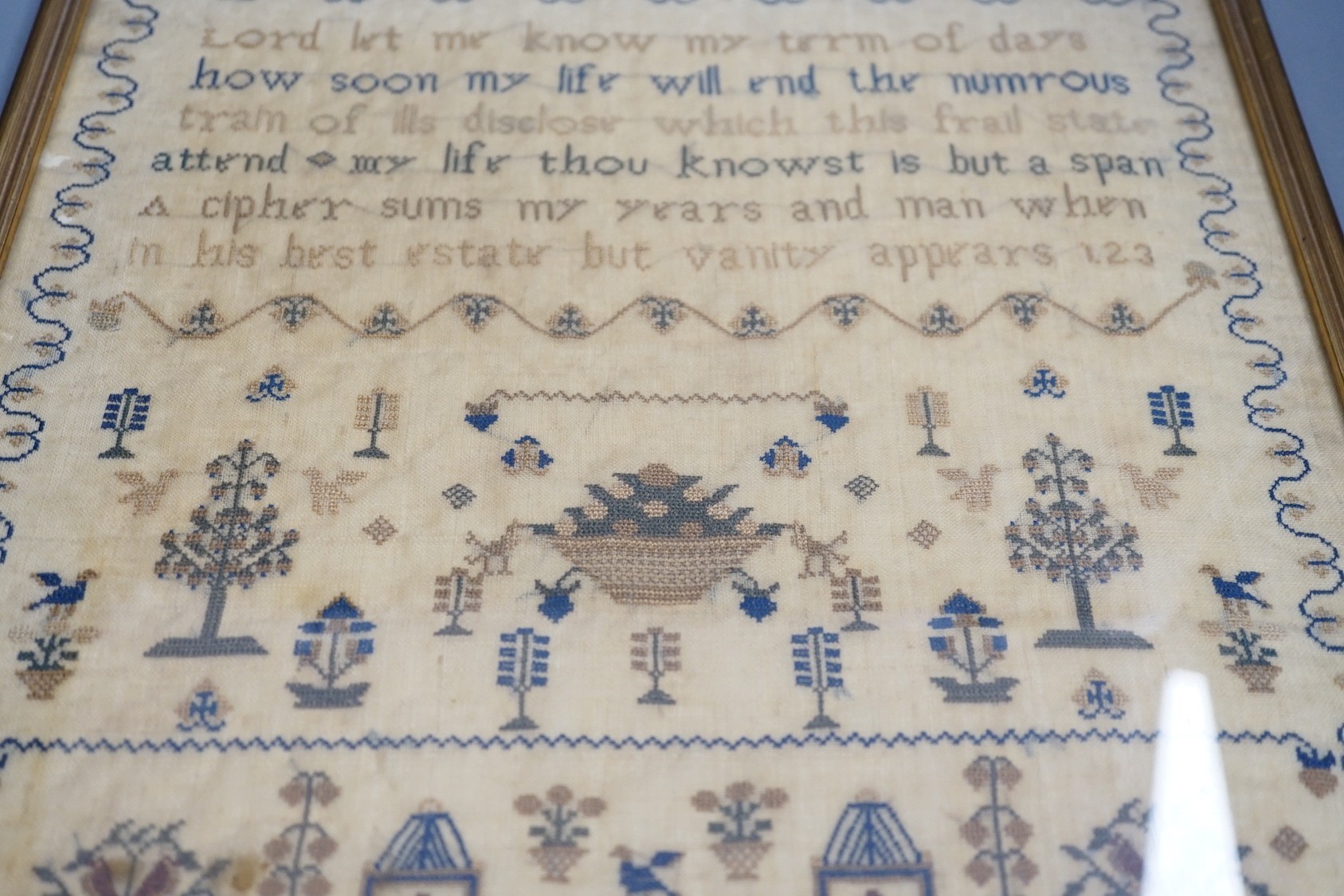 A framed Victorian sampler, worked by Susan Knight 1847, 41 x 31cm